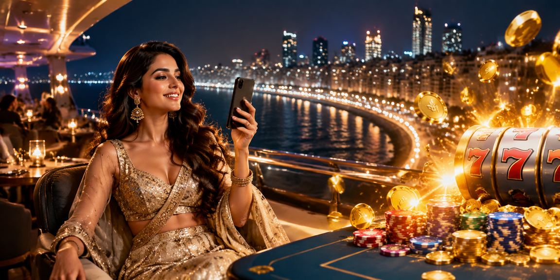 Mumbai Marine Drive at night with casino gaming neon lights